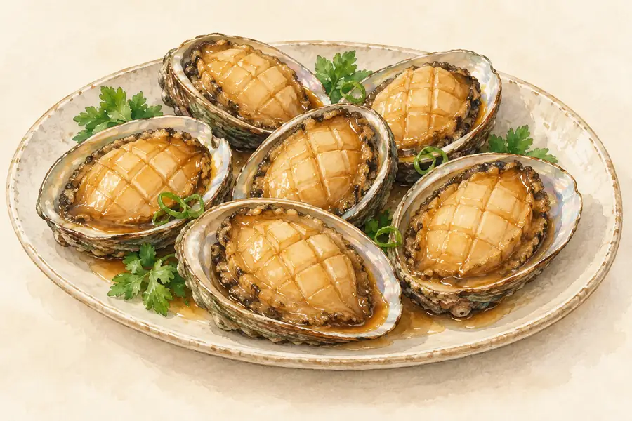 AI illustration: A platter of several cooked abalone in oval shells.
