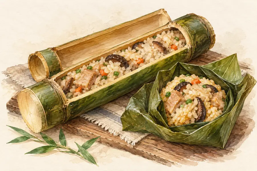 AI illustration: A split bamboo tube containing steamed rice.