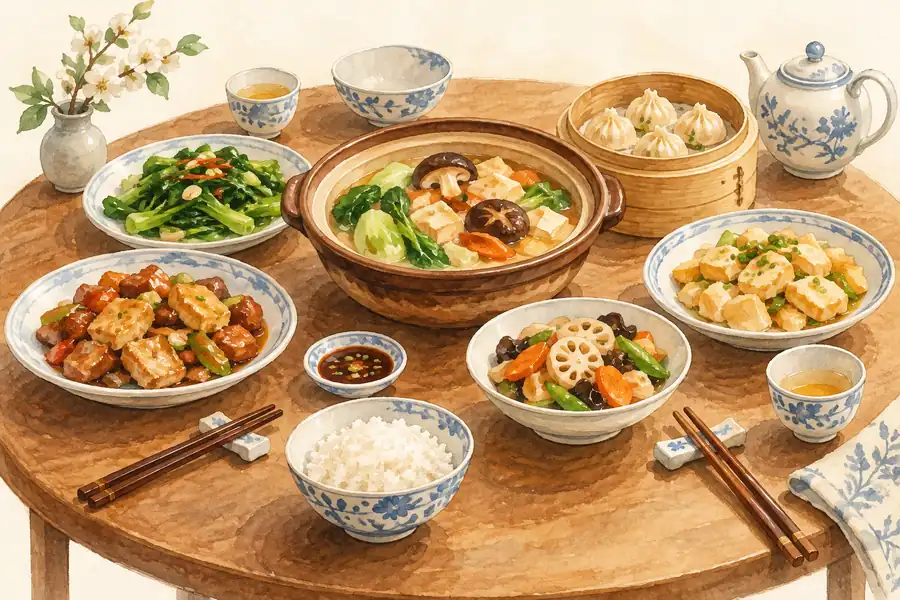 AI illustration: A stylized welcoming Chinese dining table seen slightly from above.