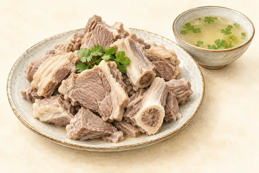 AI illustration: A plate of pale boiled lamb chunks with a few bone-in pieces.
