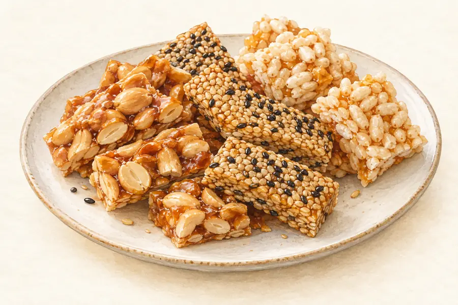 AI illustration: Small rectangular and irregular pieces of sesame or peanut brittle and puffed-rice candy on a simple plate.