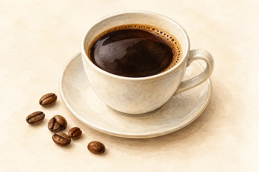AI illustration: A plain ceramic cup of dark coffee on a saucer.