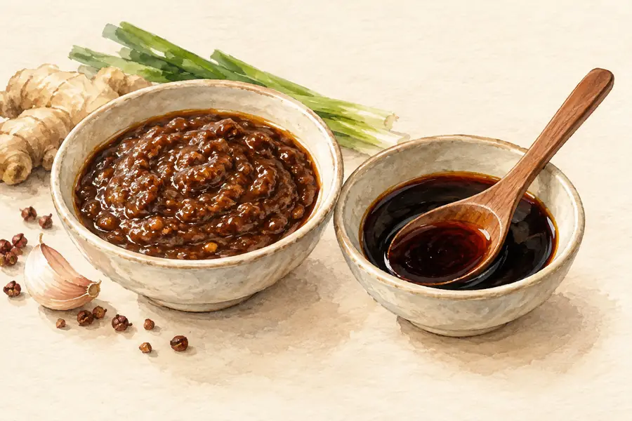 AI illustration: Two small plain ceramic dishes of thick brown savory sauce and dark liquid condiment with a wooden spoon.