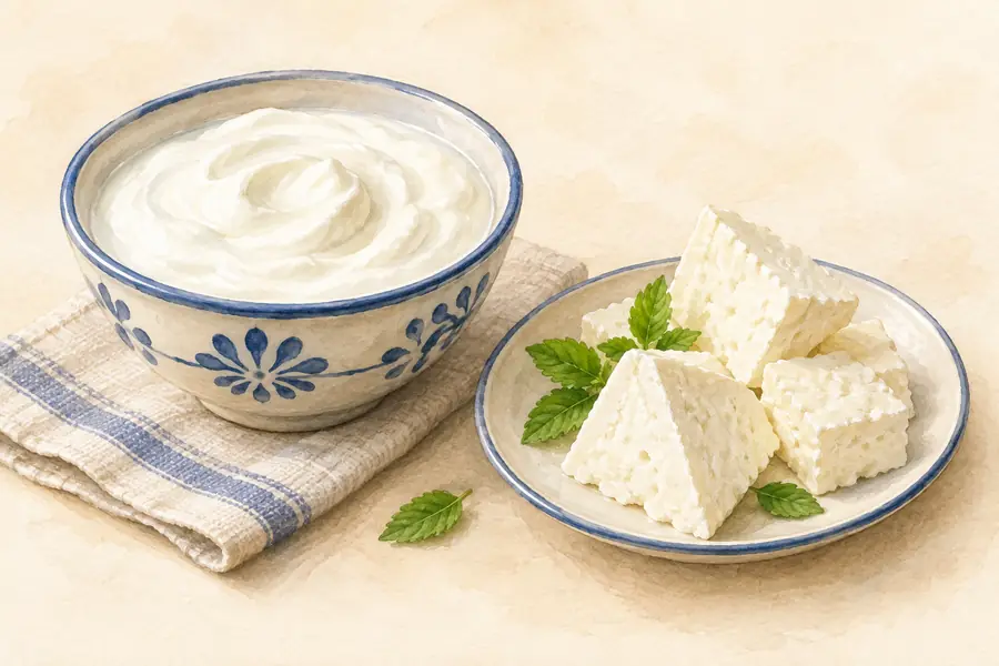AI illustration: A simple bowl of white yogurt beside a small plate of pale fresh cheese pieces.