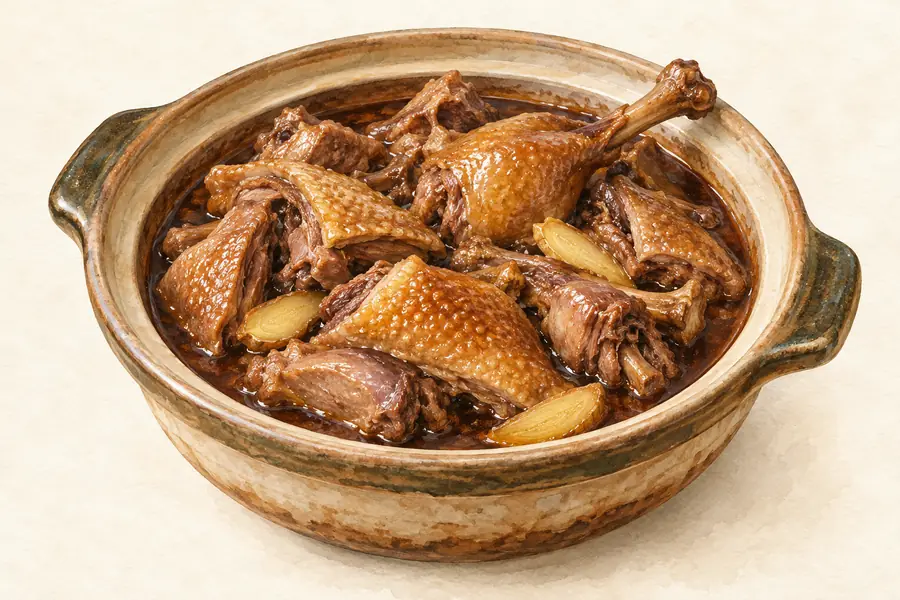 AI illustration: A ceramic casserole of large irregular duck or goose pieces simmered in dark savory sauce.