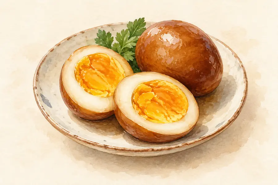 AI illustration: A small plate of halved cooked eggs with golden yolks and firm whites.