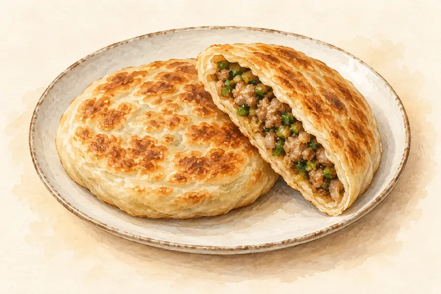 AI illustration: A plate of two round or oval browned stuffed flatbreads.