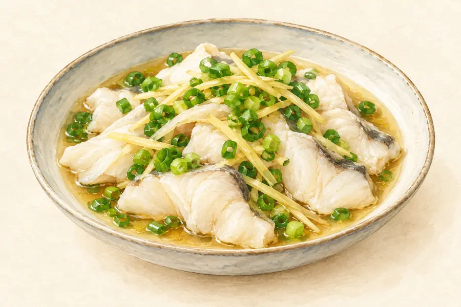 AI illustration: A shallow bowl of white cooked boneless fish slices in a light savory sauce.