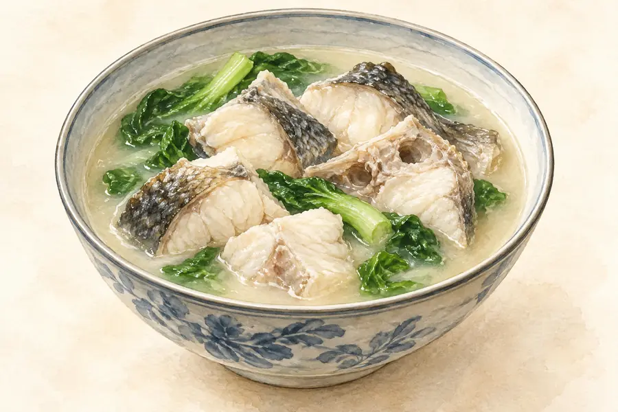 AI illustration: A deep ceramic bowl of cooked bone-in fish chunks in pale broth.