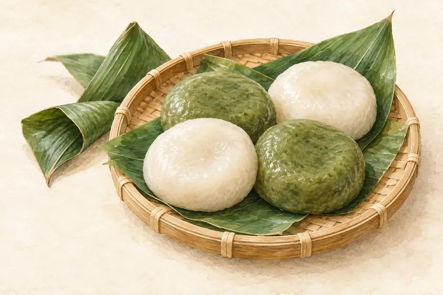 AI illustration: A small bamboo tray of soft pale white and green rice-dough cakes on leaves.