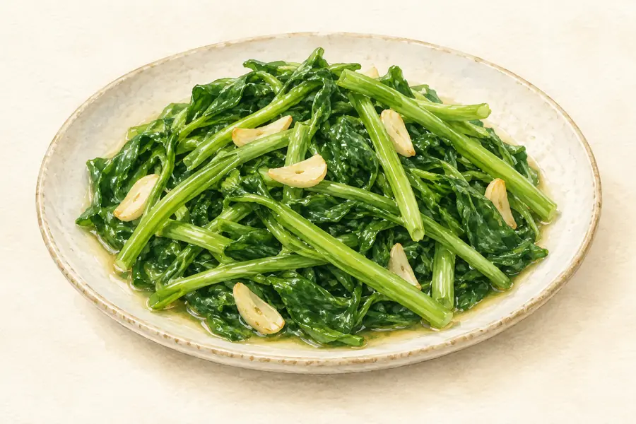 AI illustration: A plate of freshly cooked leafy greens with slender stems and a few garlic slices.