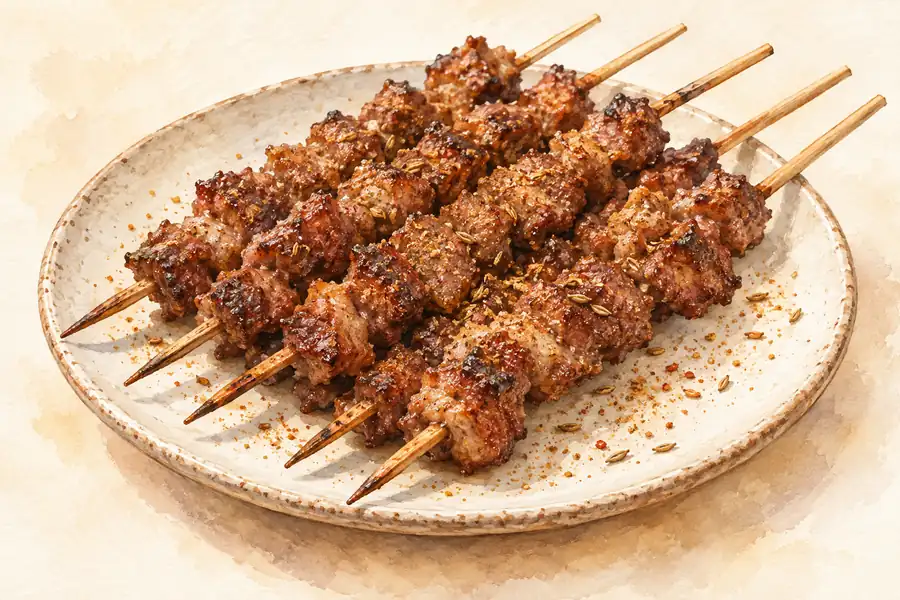 AI illustration: A plate of short wooden skewers threaded with small charred meat cubes.