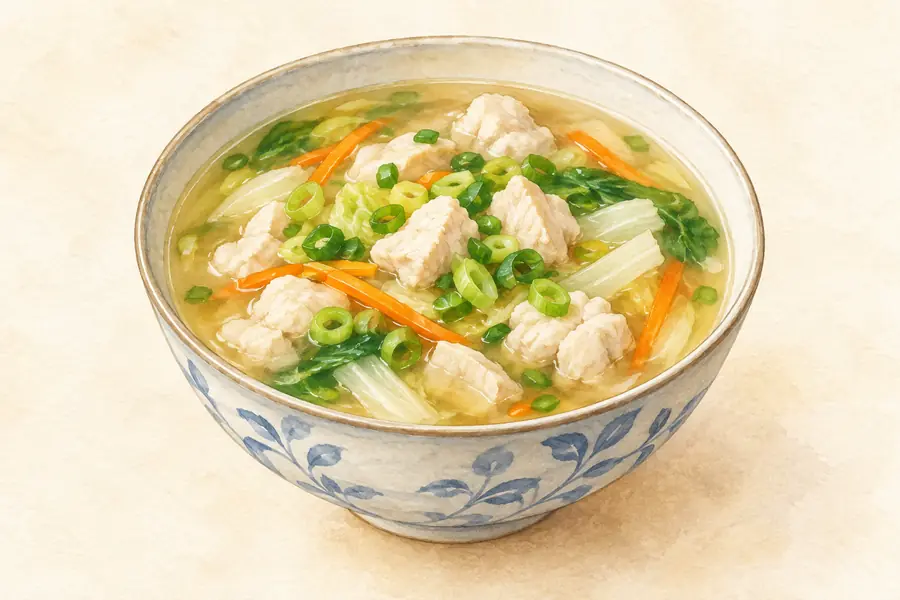 AI illustration: A ceramic bowl of light savory soup with small pale cooked morsels.