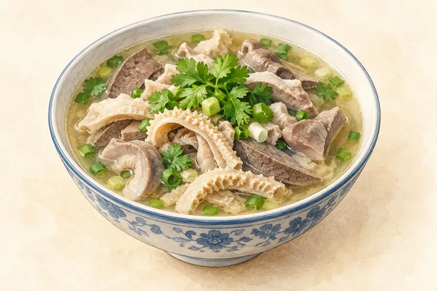 AI illustration: A bowl of clear savory soup with small cooked tripe strips and organ-meat pieces.