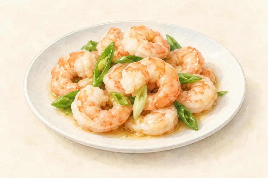 AI illustration: A small white plate of curled pink-white peeled shrimp with a few tiny green vegetables.