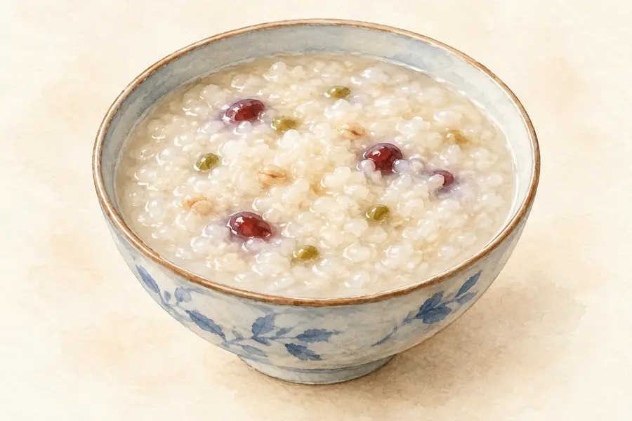 AI illustration: A ceramic bowl of thick pale rice porridge with clearly softened grains.