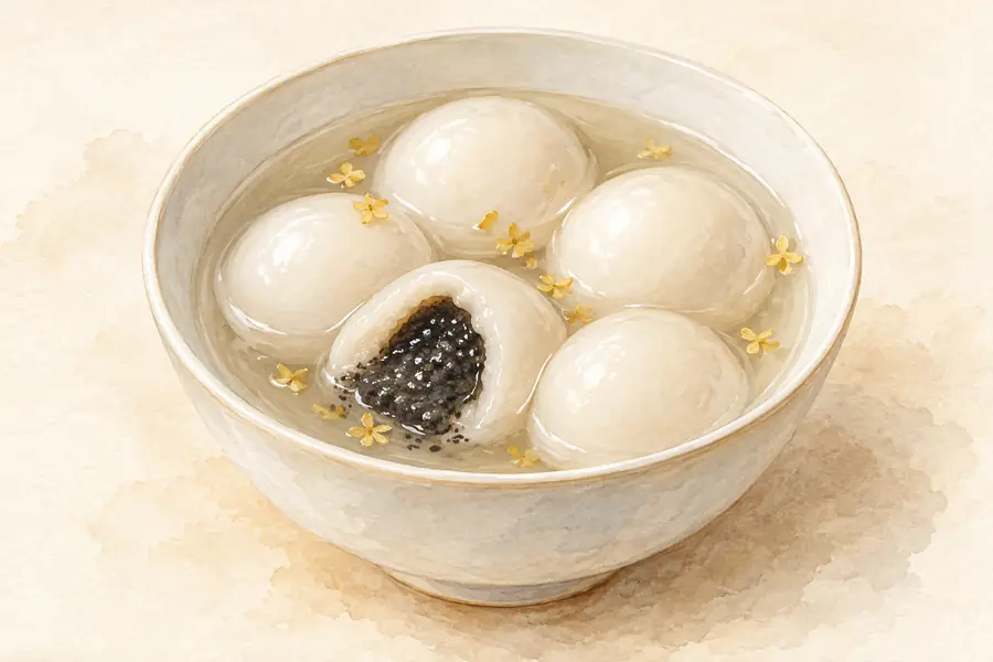 AI illustration: A white bowl of smooth white glutinous rice balls in clear sweet soup.