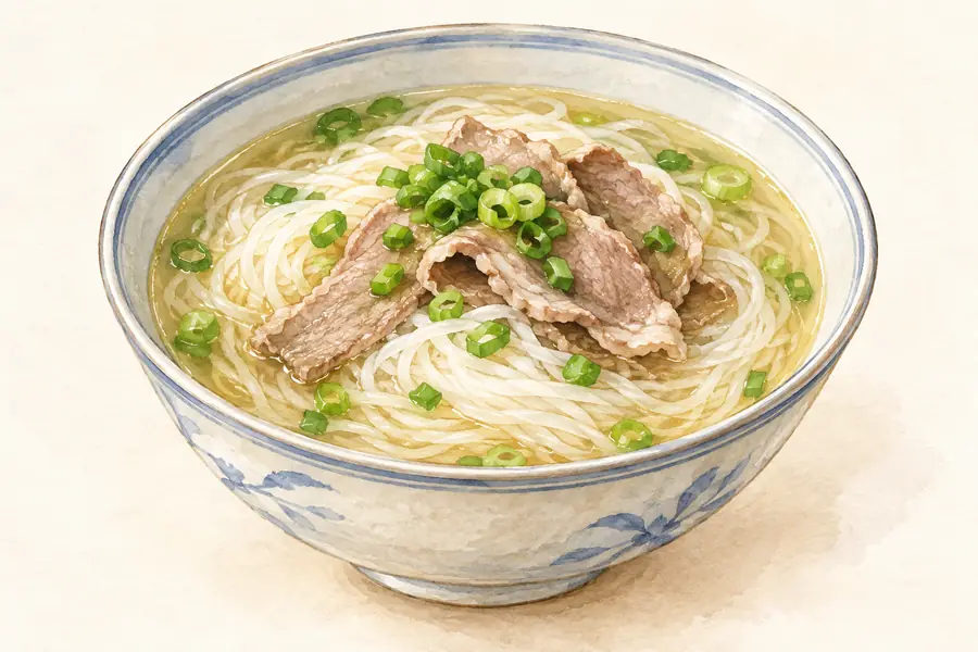 AI illustration: A deep bowl of slender white rice noodles in light broth with a few cooked meat slices and scallions.