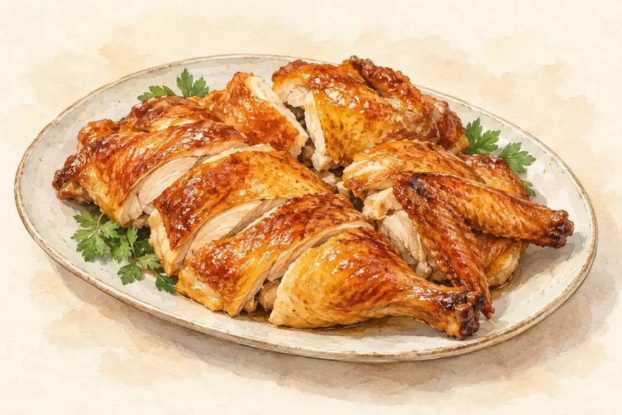 AI illustration: A platter of roasted chicken cut into substantial golden-brown skin-on pieces.