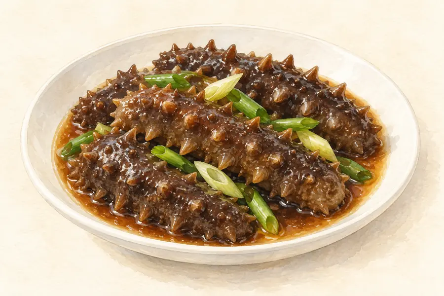 AI illustration: A shallow white dish of several cooked dark brown sea cucumbers in glossy sauce with a few green scallions.