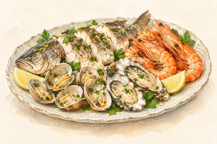 AI illustration: A restrained shared seafood platter with cooked fish pieces.