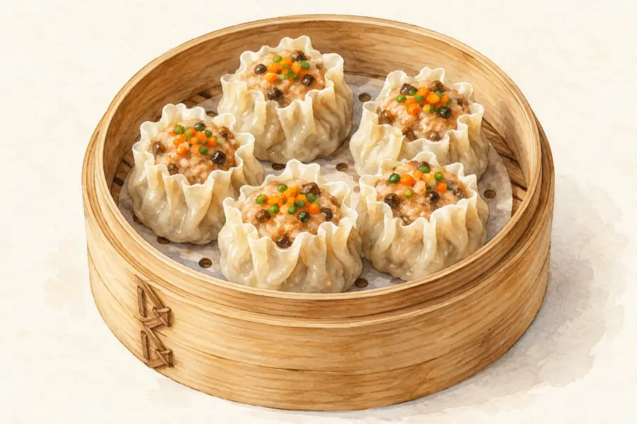 AI illustration: A bamboo steamer of open-topped pleated dumplings.