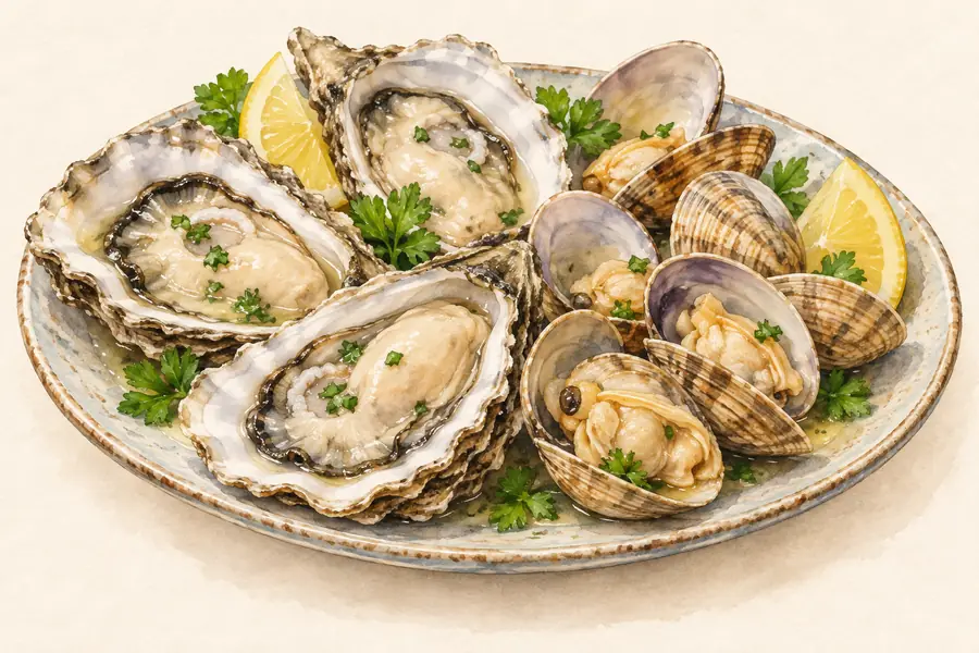 AI illustration: A ceramic platter of cooked open bivalve shellfish with visible pale meat.