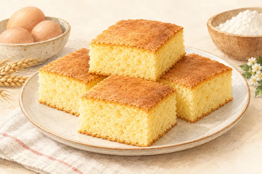 AI illustration: A plate of softly risen pale-golden sponge cakes cut into square slices.