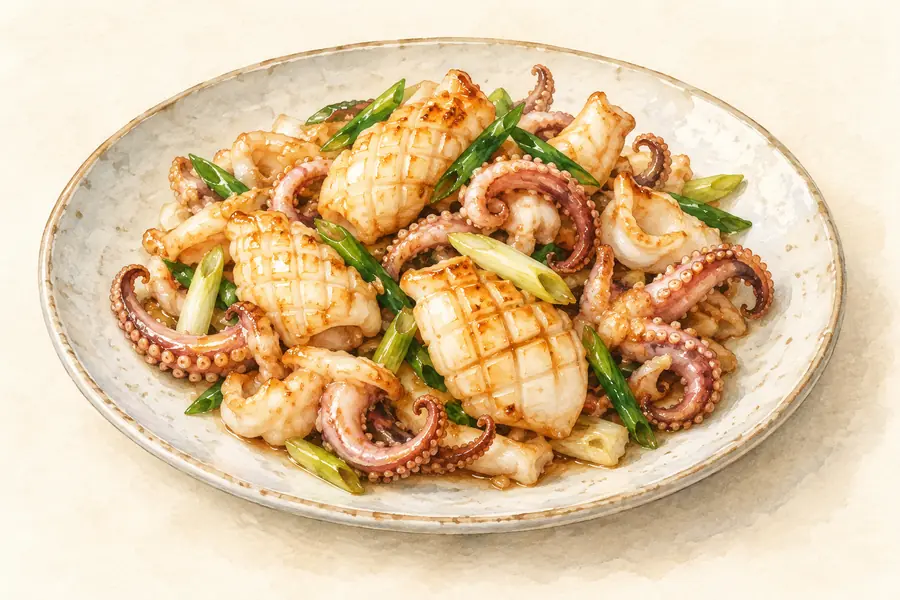 AI illustration: A plate of cooked scored squid pieces and small curled tentacles with scallion.