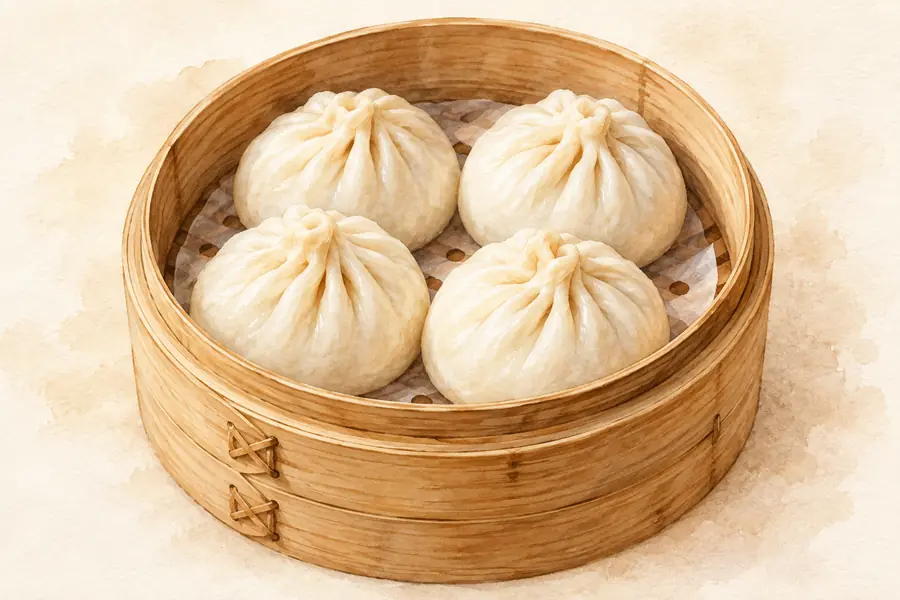 AI illustration: A bamboo steamer containing four round white steamed filled buns.