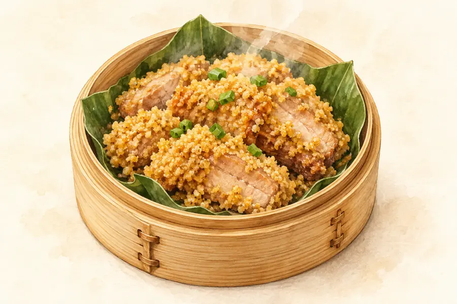 AI illustration: A small bamboo steamer lined with a leaf containing thick cooked meat slices coated in coarse golden rice or cornmeal crumbs.