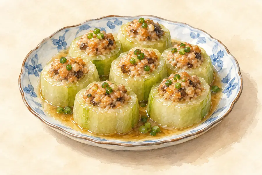 AI illustration: A plate of cooked stuffed vegetable segments with visible pale vegetable exterior and small savory filling.