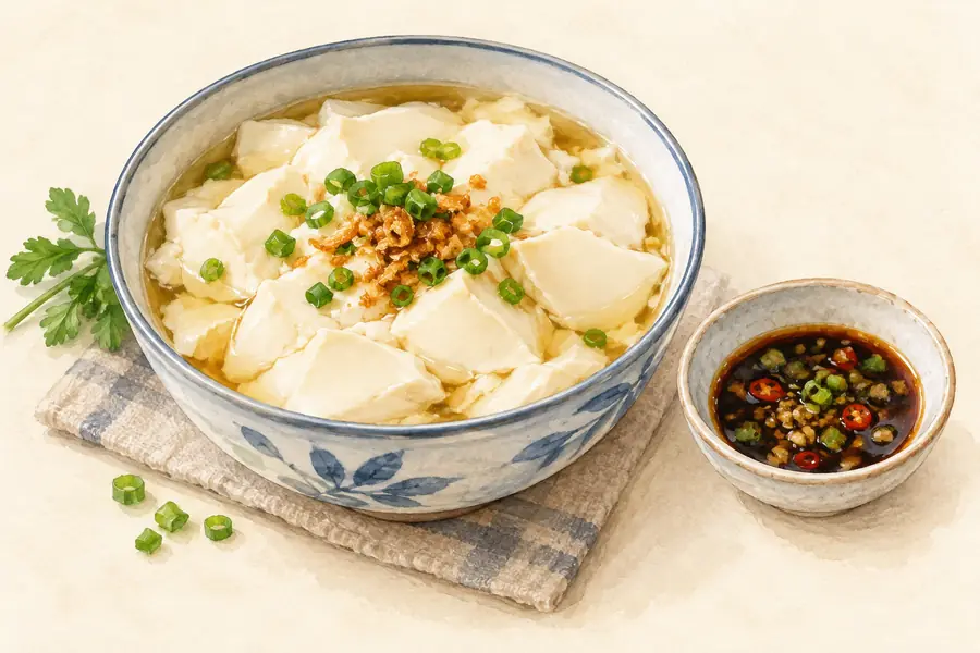 AI illustration: A bowl of silky white tofu curds with a little savory broth and a small separate dipping sauce.
