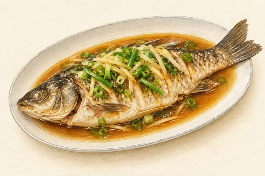 AI illustration: An oval plate with one cooked whole freshwater fish in light brown sauce.