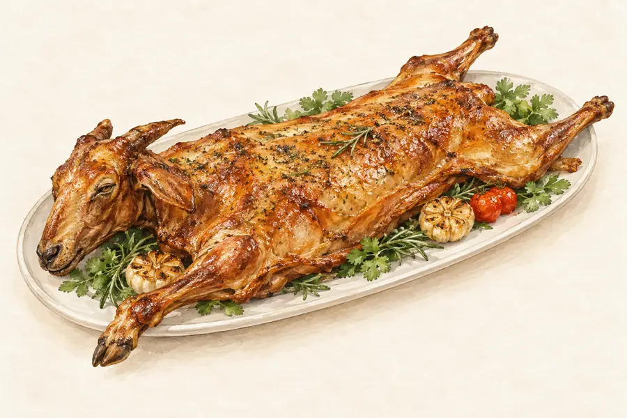 AI illustration: A whole roasted lamb arranged flat on a long plain platter.