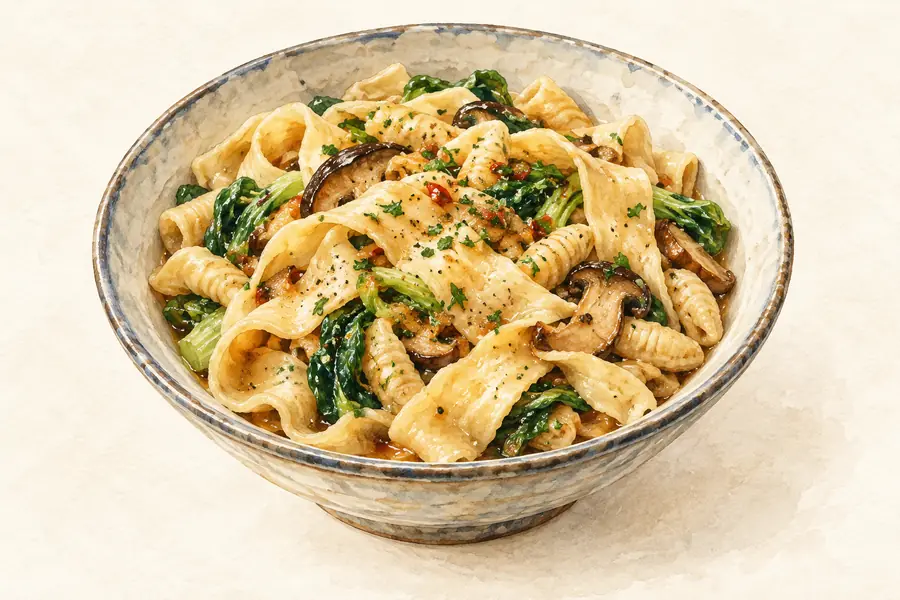 AI illustration: A bowl of broad rustic wheat or oat dough ribbons and short handmade pasta pieces.