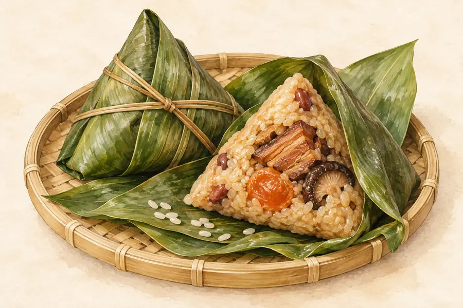 AI illustration: A bamboo tray with a leaf-wrapped triangular zongzi and one partly unwrapped sticky rice dumpling.