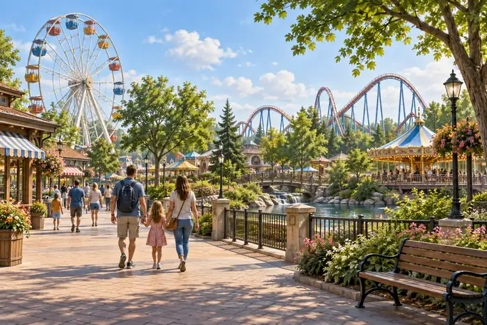 AI illustration of a general amusement park scene; not a photograph or an exact view of this place.
