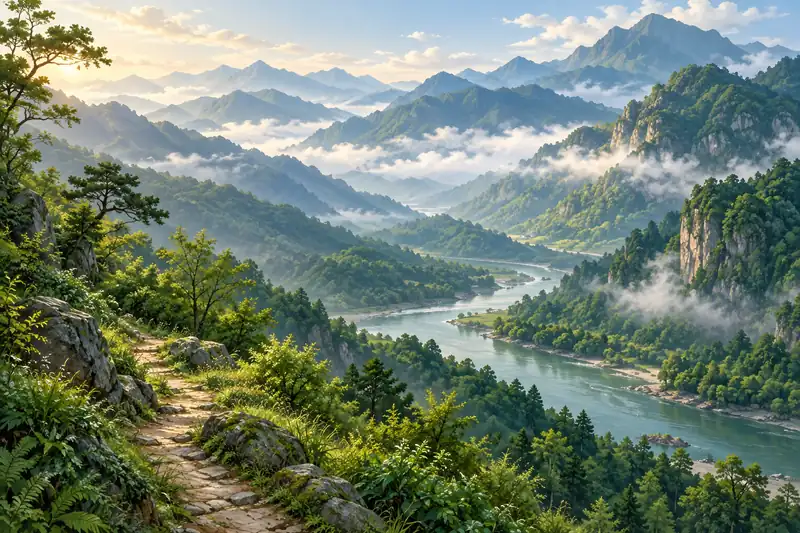 AI illustration of a general forested mountain valley scene; not a photograph or an exact view of this place.