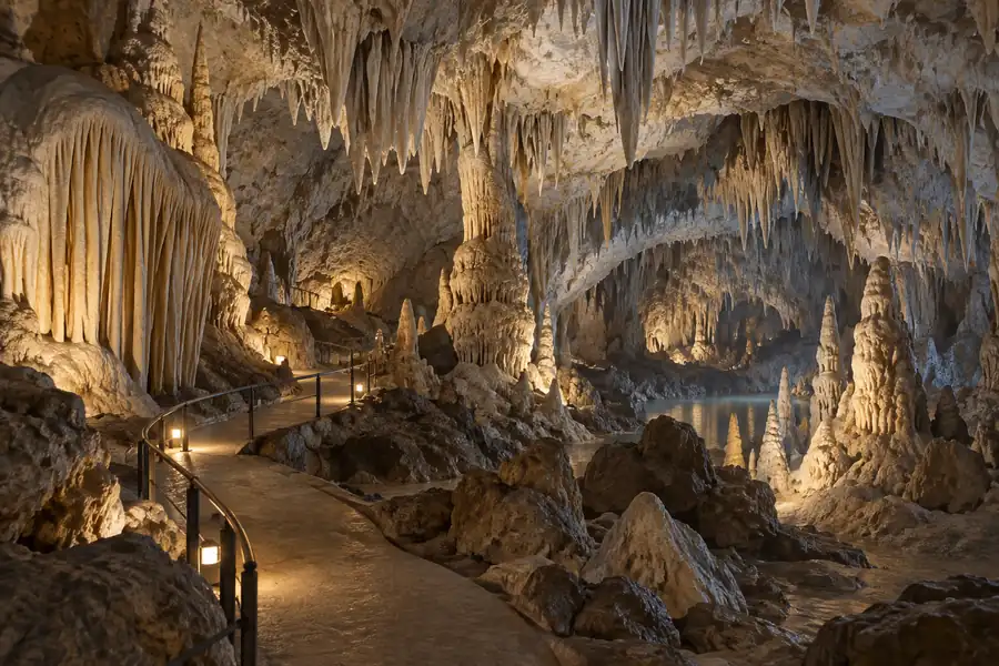 AI illustration of a general limestone cave scene; not a photograph or an exact view of this place.