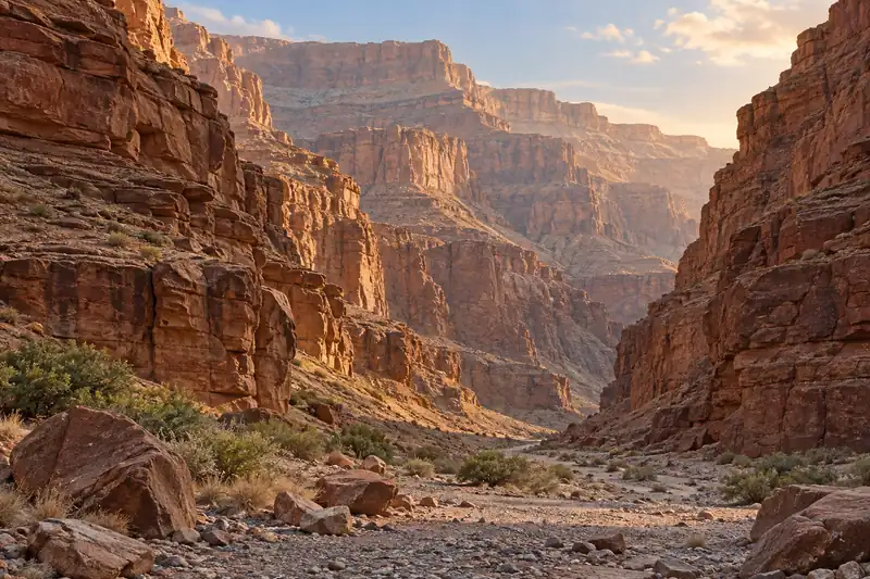 AI illustration of a general red rock canyon scene; not a photograph or an exact view of this place.