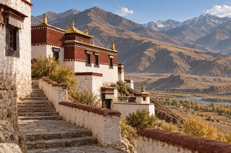 AI illustration of a general tibetan monastery scene; not a photograph or an exact view of this place.