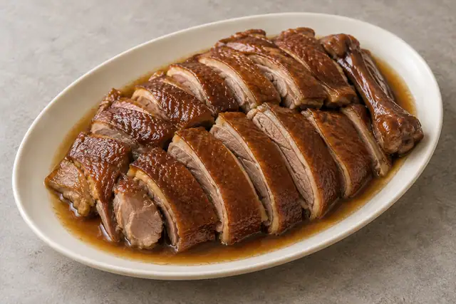 AI illustration: An oval platter of neatly cut soy-braised goose slices, light brown skin.