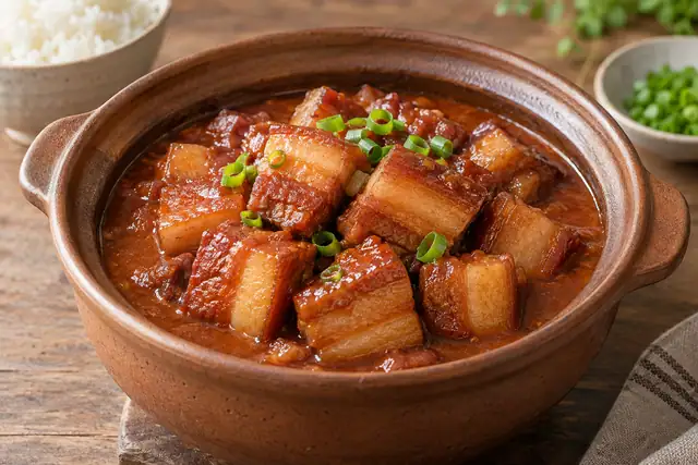 AI illustration: A small clay pot of tender pork-belly cubes in a creamy red-brown fermented-tofu braising sauce.