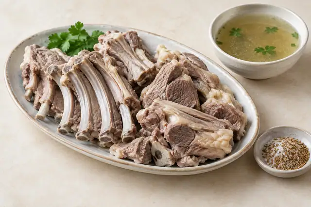 AI illustration: An oblong platter of plain boiled bone-in lamb ribs and shoulder pieces, pale meat with visible rib bones.