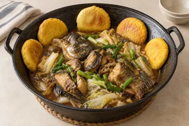AI illustration: A rustic black iron pot with braised freshwater fish pieces in dark savoury broth.