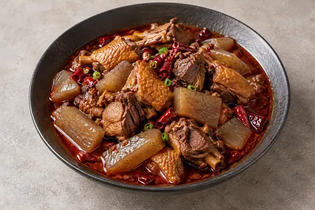 AI illustration: Braised bone-in duck pieces with conspicuous grey speckled rectangular konjac blocks in a clay pot.