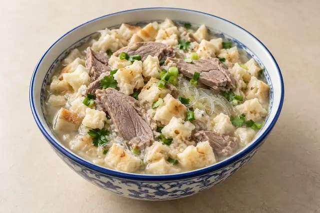 AI illustration: A bowl of lamb paomo: many small torn pieces of dense wheat flatbread soaked.