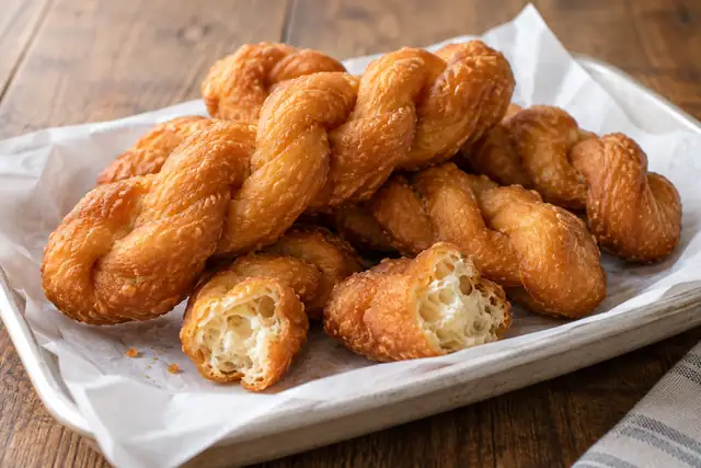 AI illustration: A small pile of golden-brown fried dough twists, clearly braided strands and crisp bubbled surfaces.