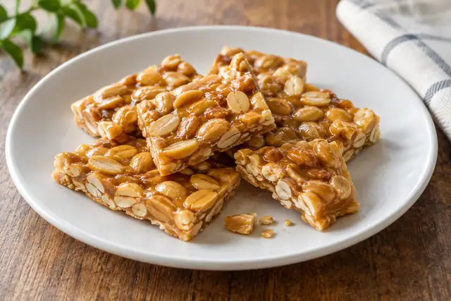 AI illustration: Several small rectangular peanut brittle pieces on a white plate.